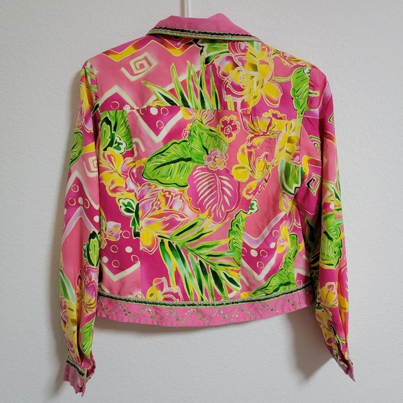 Nancy Bolen Tropical Floral Beaded Jacket 100% Silk - Picture 2 of 3